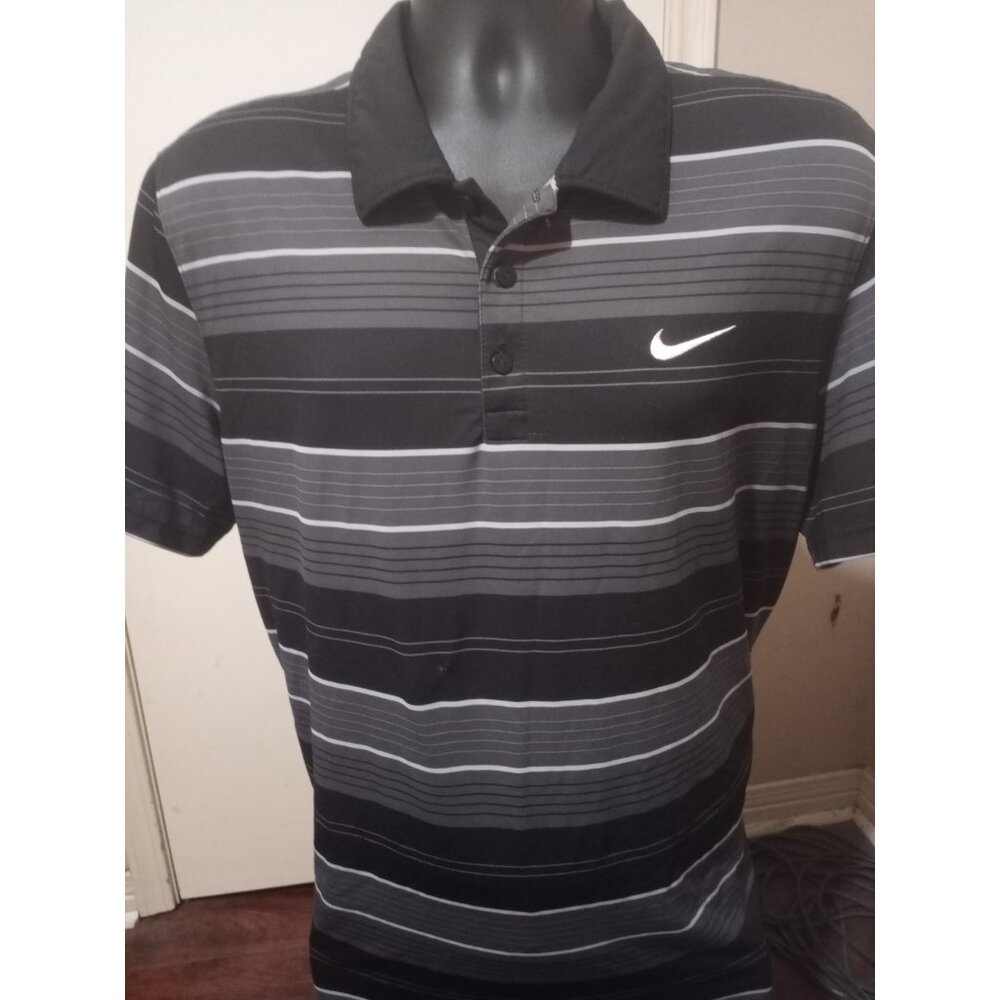 Nike Dri Fit Men's XL Black Gray Striped Short Sleeve Golf Polo Shirt